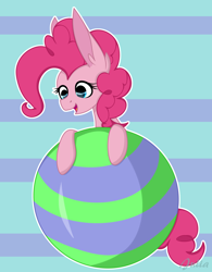 Size: 2574x3300 | Tagged: safe, artist:julia-dyrak, pinkie pie, earth pony, pony, g4, abstract background, ball, cute, diapinkes, ear fluff, female, high res, mare, open mouth, signature, solo