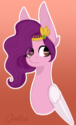 Size: 1166x1900 | Tagged: safe, artist:julia-dyrak, pipp petals, pegasus, pony, g5, adorapipp, bust, cute, ear fluff, female, gradient background, mare, portrait, red eyes, red-eyed pipp, signature, solo