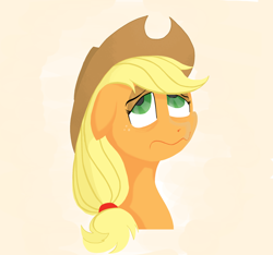 Size: 2400x2250 | Tagged: safe, anonymous artist, applejack, earth pony, pony, g4, applejack's hat, bags under eyes, bust, cowboy hat, exhausted, eyebrows, eyeroll, face, female, floppy ears, freckles, frown, hat, high res, mare, simple background, solo, tired, wavy mouth