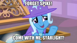 Size: 800x450 | Tagged: safe, edit, edited screencap, screencap, trixie, pony, unicorn, g4, season 9, the ending of the end, cape, caption, clothes, female, hat, image macro, implied lesbian, implied shipping, implied sparlight, implied spike, implied starlight glimmer, implied startrix, open mouth, solo, text, trixie's cape, trixie's hat