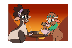 Size: 1800x1200 | Tagged: safe, artist:thescornfulreptilian, madison (tfh), minnesota (tfh), cow, them's fightin' herds, community related, cup, duo, female, teacup, teapot