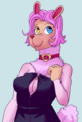 Size: 2004x2988 | Tagged: safe, artist:php93, oc, oc only, oc:beth, alpaca, anthro, anthro oc, breasts, cleavage, collar, heterochromia, high res, simple background, solo, zipper