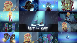 Size: 1280x721 | Tagged: safe, edit, edited screencap, editor:quoterific, screencap, bon bon, lyra heartstrings, sunset shimmer, sweetie drops, wallflower blush, equestria girls, g4, let it rain, my little pony equestria girls: better together, clothes, cutie mark, cutie mark on clothes, eyes closed, geode of empathy, guitar, lighting, magical geodes, microphone, microphone stand, music festival outfit, musical instrument, open mouth, rain, singing