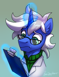 Size: 2000x2598 | Tagged: safe, artist:jedayskayvoker, oc, oc only, oc:weird science, pony, unicorn, clipboard, clothes, colored, colored sketch, eyebrows, eyebrows visible through hair, full color, glasses, high res, horn, magic, male, science, scientist, sketch, solo, stallion, sweater, telekinesis, unicorn oc