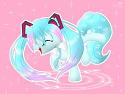 Size: 2000x1500 | Tagged: safe, artist:jadebreeze115, kotobukiya, earth pony, pony, anime, eyes closed, female, hatsune miku, headphones, kotobukiya hatsune miku pony, mare, music, music notes, necktie, open mouth, open smile, ponified, simple background, singing, solo, vocaloid