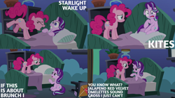 Size: 1280x720 | Tagged: safe, edit, edited screencap, editor:quoterific, screencap, pinkie pie, starlight glimmer, earth pony, pony, unicorn, g4, rock solid friendship, season 7, bed, blanket, duo, duo female, eyes closed, female, in air, mare, open mouth, pillow, raised hoof, sitting, smiling, surprised, yelling