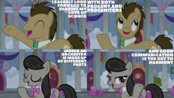 Size: 1280x720 | Tagged: safe, edit, edited screencap, editor:quoterific, screencap, doctor whooves, octavia melody, time turner, earth pony, pony, a horse shoe-in, g4, season 9, ^^, cute, doctor whooves bow tie, doctorbetes, duo, eyes closed, female, happy, looking up, male, mare, open mouth, open smile, raised hoof, smiling, stallion
