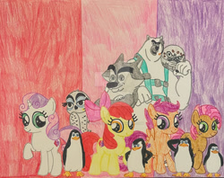 Size: 1280x1015 | Tagged: safe, artist:justinvaldecanas, apple bloom, babs seed, scootaloo, sweetie belle, bear, bird, earth pony, owl, pegasus, penguin, polar bear, pony, seal, snowy owl, unicorn, wolf, g4, classified (penguins of madagascar), corporal (penguins of madagascar), crossover, cutie mark crusaders, dreamworks, eurasian wolf, eva (penguins of madagascar), harp seal, kowalski, madagascar (dreamworks), penguins of madagascar, private (madagascar), rico, short fuse (penguins of madagascar), skipper, the penguins of madagascar, wholesome