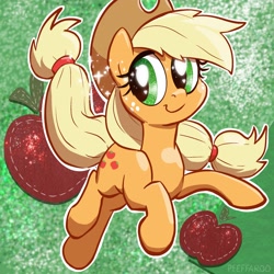 Size: 2048x2048 | Tagged: safe, artist:pfeffaroo, part of a set, applejack, earth pony, pony, g4, cute, cutie mark background, female, glitter, high res, jackabetes, jumping, looking sideways, mare, outline, smiling, solo, sparkles, three quarter view, white outline