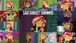 Size: 1280x721 | Tagged: safe, edit, edited screencap, editor:quoterific, screencap, fluttershy, sunset shimmer, twilight sparkle, driving miss shimmer, equestria girls, equestria girls specials, g4, my little pony equestria girls, my little pony equestria girls: better together, my little pony equestria girls: forgotten friendship, my little pony equestria girls: friendship games, my little pony equestria girls: rainbow rocks, my little pony equestria girls: sunset's backstage pass, chalkboard, clothes, crying, cute, cutie mark, cutie mark on clothes, eyes closed, female, food, geode of empathy, geode of fauna, hairpin, jacket, jewelry, leather, leather jacket, lip bite, lockers, looking at you, magical geodes, music festival outfit, necklace, offscreen character, open mouth, refrigerator, sad, sadorable, sunsad shimmer, teary eyes, whipped cream