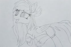Size: 2896x1908 | Tagged: safe, artist:straighttothepointstudio, oc, oc only, oc:athena (shawn keller), pegasus, pony, guardians of pondonia, black and white, concave belly, female, grayscale, happy, looking up, mare, monochrome, open mouth, slender, solo, thin, traditional art