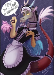 Size: 774x1075 | Tagged: safe, artist:artastic_friend, discord, draconequus, g4, princess twilight sparkle (episode), antlers, clothes, crossdressing, duster, femboy discord, front view, horns, maid, maid discord, male, red eyes, shading, simple background, solo, stupid sexy discord, tail, talking to viewer, wings, yellow sclera