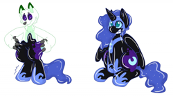 Size: 1280x711 | Tagged: safe, artist:dragonwhiskerss, nightmare moon, oc, alicorn, latex pony, original species, pony, rubber pony, g4, armor, commission, decal, ethereal mane, female, folded wings, forced smile, furry, furry oc, grin, hoof shoes, latex, male, male to female, mare, no pupils, rubber, rule 63, shiny, simple background, sitting, smiling, solo, starry mane, transformation, transformation sequence, transgender transformation, white background, wings, ych result