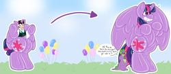 Size: 1280x560 | Tagged: safe, artist:dragonwhiskerss, spike, twilight sparkle, oc, alicorn, dragon, human, inflatable pony, latex pony, original species, pony, rubber pony, semi-anthro, g4, balloon, bipedal, clothes, color outline, colored pupils, costume, female, forced smile, glasses, grin, inflatable, latex, male, mare, misunderstanding, no pupils, rubber, shiny, simple background, sitting, smiling, spread wings, sweat, sweatdrop, transformation, transformation sequence, transgender transformation, twilight sparkle (alicorn), wings