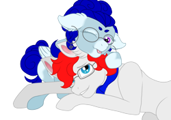 Size: 2150x1512 | Tagged: safe, artist:sajimex, oc, oc only, oc:apex soundwave, oc:hajime, earth pony, pegasus, pony, clothes, earth pony oc, female, glasses, grin, lying down, male, mare, oc x oc, one eye closed, pegasus oc, reference used, scarf, shipping, simple background, smiling, snuggling, stallion, straight, tongue out, transparent background