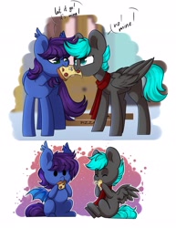 Size: 1578x2048 | Tagged: safe, artist:cloud-fly, oc, oc only, bat pony, pegasus, pony, bat pony oc, chibi, clothes, commission, dialogue, duo, eating, food, male, pegasus oc, pizza, scarf, sitting, stallion, ych result