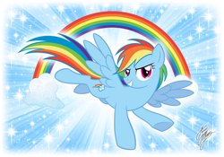 Size: 1181x827 | Tagged: safe, artist:marco albiero, artist:marcoalbiero, rainbow dash, pegasus, pony, g4, backwards cutie mark, blue background, cloud, female, flying, glitter, looking right, mare, rainbow, show accurate, signature, simple background, smiling, solo, sparkles, spread wings, turned head, wings