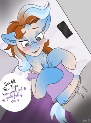 Size: 2409x3238 | Tagged: safe, artist:foxxy-arts, trixie, oc, human, pony, unicorn, g4, bed, blushing, chest fluff, clothes, cutie mark, dialogue, ear fluff, eye color change, eyebrows, eyebrows visible through hair, eyeshadow, female, floppy ears, high res, human oc, human to pony, lidded eyes, lying down, lying on bed, makeup, mare, on back, on bed, phone, pillow, signature, siri, solo, transformation