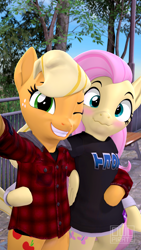Size: 2160x3840 | Tagged: safe, artist:owlpirate, applejack, fluttershy, earth pony, pegasus, semi-anthro, g4, 3d, arm hooves, bipedal, blushing, clothes, female, grin, high res, lesbian, one eye closed, selfie, ship:appleshy, shipping, smiling