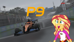 Size: 1920x1080 | Tagged: safe, sunset shimmer, equestria girls, g4, my little pony equestria girls: legend of everfree, excited, f1, f1 car, f1 game, formula 1, game, mclaren, open mouth, rain, solo, video game, wet