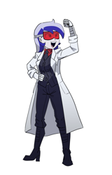 Size: 3152x4920 | Tagged: safe, artist:carnifex, minuette, equestria girls, g4, boots, clothes, cosplay, costume, equestria girls-ified, glasses, helltaker, lab coat, loremaster (helltaker), necktie, robotic arm, shoes, solo, vest