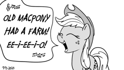 Size: 1200x675 | Tagged: safe, artist:pony-berserker, applejack, earth pony, pony, pony-berserker's twitter sketches, g4, cute, eyes closed, halftone, jackabetes, old macdonald had a farm, singing, song