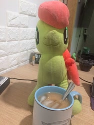 Size: 2448x3264 | Tagged: safe, artist:topsangtheman, peachy sweet, earth pony, pony, g4, apple family member, coffee, coffee mug, high res, irl, looking at you, mug, photo, plushie, solo