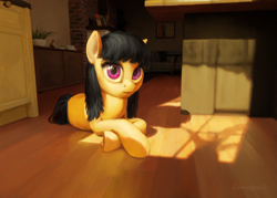 Size: 2291x1642 | Tagged: safe, artist:cannibalus, oc, oc only, oc:gregoria samson, earth pony, pony, commission, crossed legs, earth pony oc, eye shimmer, fanfic art, female, interior, looking at you, lying down, mare, prone, solo