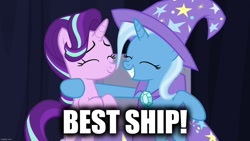 Size: 1280x720 | Tagged: safe, edit, edited screencap, screencap, starlight glimmer, trixie, pony, unicorn, g4, road to friendship, best ship, bipedal, brooch, cape, caption, clothes, eyes closed, female, grin, gritted teeth, hat, image macro, imgflip, jewelry, lesbian, mare, ship:startrix, shipping, smiling, teeth, text, trixie's brooch, trixie's cape, trixie's hat