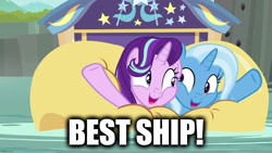 Size: 1280x720 | Tagged: safe, edit, edited screencap, screencap, starlight glimmer, trixie, pony, unicorn, g4, road to friendship, season 8, best ship, caption, cheek squish, cute, diatrixes, female, glimmerbetes, i guess we're stuck together, image macro, imgflip, inflatable raft, lesbian, lying down, open mouth, prone, raft, raised hoof, ship:startrix, shipping, squished, squishy cheeks, text, we're friendship bound