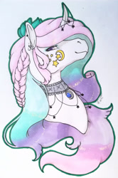 Size: 1920x2891 | Tagged: safe, artist:oneiria-fylakas, oc, oc only, oc:elena nebula naqua, pony, unicorn, bust, choker, female, mare, portrait, simple background, solo, traditional art