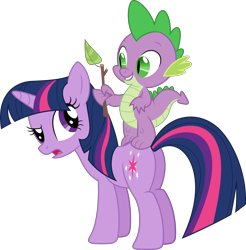 Size: 3000x3046 | Tagged: safe, artist:dashiesparkle, spike, twilight sparkle, dragon, pony, unicorn, fall weather friends, g4, .svg available, butt, duo, female, high res, leaf, male, mare, open mouth, plot, simple background, teeth, transparent background, twibutt, twig, unicorn twilight, vector