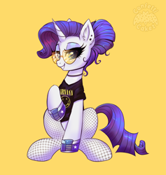 Size: 2841x3000 | Tagged: safe, artist:confetticakez, rarity, pony, unicorn, g4, alternate hairstyle, choker, clothes, converse, cute, ear piercing, earring, female, fishnets, hair bun, high res, hoof shoes, jewelry, mare, nirvana, piercing, raribetes, rock (music), shirt, shoes, simple background, sitting, smiling, solo, sunglasses, t-shirt