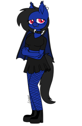 Size: 1244x1900 | Tagged: safe, artist:eowyn, oc, oc only, oc:zero shadow, bat pony, anthro, plantigrade anthro, anthro oc, bat pony oc, blushing, choker, clothes, crossed arms, ear piercing, earring, female, fishnet stockings, goth, jewelry, looking at you, piercing, shoes, simple background, skirt, solo, spiked choker, transparent background, wings