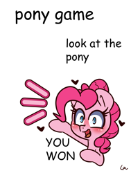 Size: 1100x1457 | Tagged: safe, artist:lou, pinkie pie, earth pony, pony, g4, blue eyes, blushing, bust, comic sans, cute, diapinkes, featured image, female, game, heart, looking at you, mare, meme, open mouth, open smile, pink mane, simple background, smiling, smiling at you, solo, text, white background