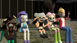 Size: 3840x2160 | Tagged: safe, artist:leansworld, big macintosh, fluttershy, rarity, equestria girls, g4, 3d, crossover, face mask, female, hand on shoulder, high res, looking at you, male, marina (splatoon 2), mask, nintendo switch, one eye closed, peace sign, pearl (splatoon 2), rarity peplum dress, ship:fluttermac, shipping, source filmmaker, splatoon, straight, waving, wink