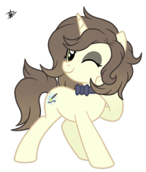 Size: 1035x1212 | Tagged: safe, artist:princessmoonsilver, oc, oc only, oc:eugely, pony, unicorn, bowtie, female, mare, one eye closed, simple background, solo, transparent background, wink