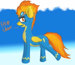 Size: 4096x3563 | Tagged: safe, artist:simplesaemple, spitfire, pegasus, pony, g4, clothes, cloud, cloudy, dialogue, female, goggles, high res, long neck, looking at you, mare, solo, text, uniform, wonderbolts, wonderbolts uniform