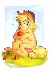 Size: 1448x2048 | Tagged: safe, artist:sofiko-ko, applejack, earth pony, pony, g4, apple, applefat, fat, food, looking at you, sitting, solo, surprised, that pony sure does love apples, wide eyes