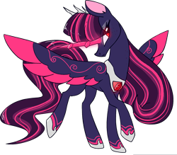 Size: 1565x1374 | Tagged: safe, artist:northernlightsone, oc, oc only, oc:princess ebony moon, alicorn, pony, alicorn oc, crown, eyeshadow, female, glowing horn, hoof shoes, horn, jewelry, magic, makeup, mare, markings, multicolored hair, raised hoof, raised leg, regalia, simple background, solo, transparent background, wings
