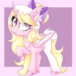 Size: 1280x1280 | Tagged: safe, artist:splashofsweet, oc, oc only, bat pony, changeling, bow, food, frosting, hair bow, looking at you, pink changeling, smiling, solo