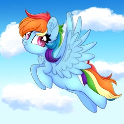 Size: 2000x2000 | Tagged: safe, artist:splashofsweet, rainbow dash, pony, g4, chest fluff, flying, high res, looking at you, missing cutie mark, smiling, solo, spread wings, wings