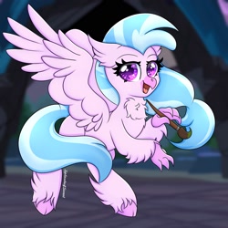 Size: 2000x2000 | Tagged: safe, artist:splashofsweet, silverstream, hippogriff, g4, uprooted, chest fluff, cute, diastreamies, female, flying, happy, heart eyes, high res, looking at you, neck fluff, paintbrush, smiling, solo, spread wings, talons, wingding eyes, wings