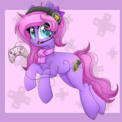 Size: 2000x2000 | Tagged: safe, artist:splashofsweet, oc, oc only, oc:lillybit, earth pony, pony, abstract background, bow, chest fluff, clothes, controller, hair bow, headset, high res, looking at you, scarf, smiling, solo