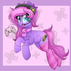 Size: 2000x2000 | Tagged: safe, alternate version, artist:splashofsweet, oc, oc only, oc:lillybit, earth pony, pony, abstract background, bow, chest fluff, clothes, controller, earth pony oc, hair bow, headset, high res, looking at you, open mouth, open smile, scarf, smiling, smiling at you, socks, solo, striped socks, thigh highs