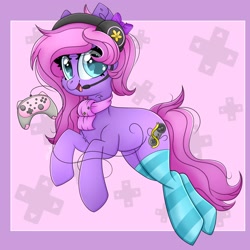Size: 2000x2000 | Tagged: safe, alternate version, artist:splashofsweet, oc, oc only, oc:lillybit, earth pony, pony, abstract background, bow, chest fluff, clothes, controller, earth pony oc, female, hair bow, headset, high res, looking at you, mare, open mouth, open smile, scarf, smiling, smiling at you, socks, solo, striped socks, thigh highs