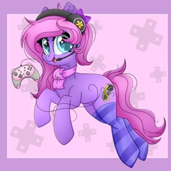 Size: 2000x2000 | Tagged: safe, alternate version, artist:splashofsweet, oc, oc only, oc:lillybit, earth pony, pony, abstract background, bow, chest fluff, clothes, controller, earth pony oc, female, hair bow, headset, high res, looking at you, mare, open mouth, open smile, scarf, smiling, smiling at you, socks, solo, striped socks, thigh highs
