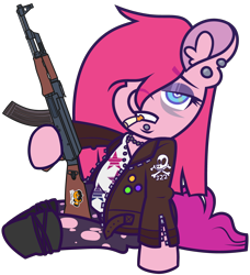 Size: 4328x4752 | Tagged: safe, artist:threetwotwo32232, pinkie pie, earth pony, pony, g4, ak-47, assault rifle, clothes, female, gun, mare, rifle, weapon