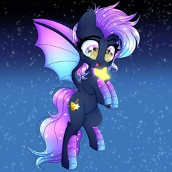 Size: 2000x2000 | Tagged: safe, artist:splashofsweet, oc, oc only, bat pony, pony, flying, happy, high res, smiling, solo, spread wings, stars, wings