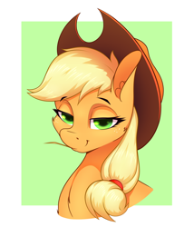 Size: 1800x2100 | Tagged: safe, artist:aquaticvibes, applejack, earth pony, pony, g4, ear fluff, female, freckles, lidded eyes, mare, smiling, solo, straw, straw in mouth